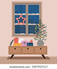 Christmas living room interior. Vector flat  cartoon illustration