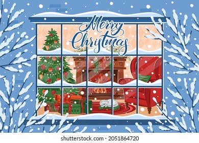 Christmas living room interior in the winter window. Fireplace, armchair, boxes with gifts, christmas tree and sleeping cat. Merry Сhristmas lettering. Cozy winter vector illustration