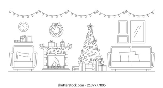 Christmas living room line art interior scene. Cozy home hall decorated tree, fireplace, wreath, armchair, presents, sofa, garland in linear style. Vector editable stroke illustration.