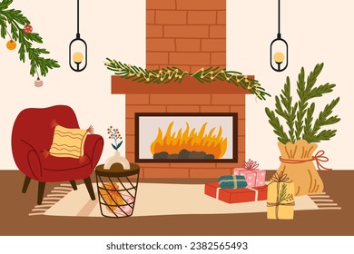 Christmas Living room modern interior. Fireplace, armchair with pillow, Christmas garland, Christmas tree, gifts, holiday decor. Vector illustration of furniture for house isolated on white background