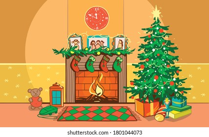 Christmas living room. Night interior on new year s eve with a fireplace, clock, garland with lights, Christmas tree, gifts, stockings. Holiday card in a flat style for greeting the winter season