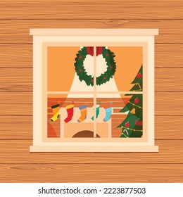 Christmas living room through window in wooden home. Living room with fireplace, socks, spruce. Vector illustration.
