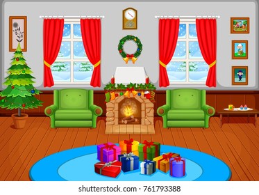 Christmas living room with a tree and fireplace