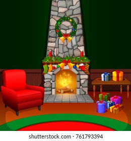 Christmas living room with a tree and fireplace