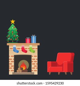 Christmas living room with Christmas tree, gifts, fireplace and  red chair. Vector illustration, isolated background