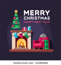 Christmas living room with tree, gifts and fireplace. Vector illustration.
