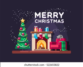 Christmas Living Room With Tree, Gifts And Fireplace. Vector Illustration.