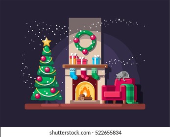 Christmas Living Room With Tree, Gifts And Fireplace. Vector Illustration.