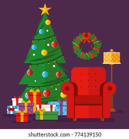 Christmas living room with tree and gifts. Vector illustration. Merry Christmas and Happy New Year. Christmas Gift box in Decorated Living Room 