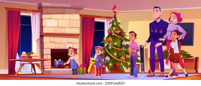 Sala de estar de Natal e vetor familiar preocupado. Xmas casa interior com decoração interior e luzes à noite. Confuso homem e mulher dentro de apartamento de férias com cortina, tapete no chão