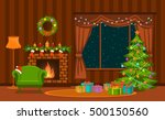 Christmas living room with xmas tree, lights, presents, fireplace, armchair, decoration and presents