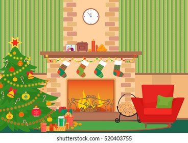 Christmas livingroom flat interior vector illustration. Christmas New Year tree and fireplace with socks. Christmas wall pattern