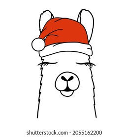 Christmas llama or alpaca in Santa hat. Llama portrait. Vector illustration. Isolated on white background.
