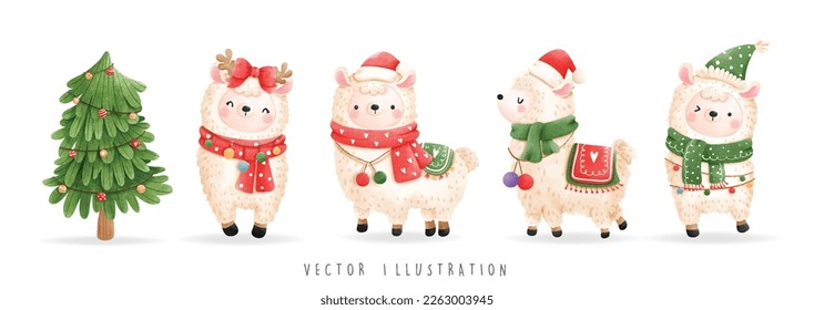 Christmas llama banner, Christmas Vector illustration