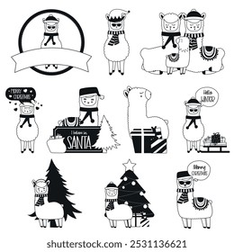 Christmas Llama Bundle. Black and White Alpaca Clipart Set