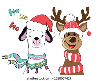 Christmas llama and Christmas deer rudolph. New Year card. Vector cartoon illustration