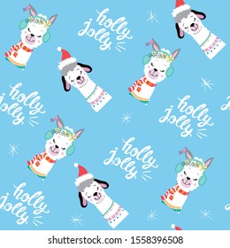 Christmas llama girl and boy in santa claus hat and inscription holly jolly on a blue background seamless pattern