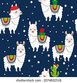 Christmas Llama pattern design with several alpacas - funny hand drawn doodle, seamless pattern. Adorable Xmas characters. Hand drawn doodle set for kids. Good for textile, nursery, wallpaper.