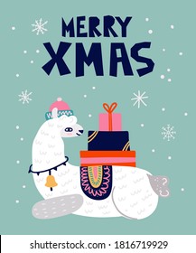 Christmas llama postcard. Winter white llama withwith present gift box on snowy background, merry xmas and happy new year lettering, holiday animal poster in hand drawn cartoon vector style