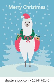 Christmas llama poster. Merry Christmas postcard.