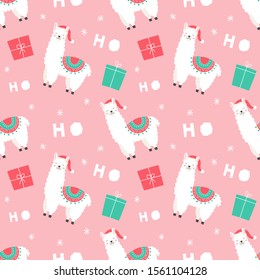 Christmas llama, presents for christmas and new year. Seamless vector pattern for wrapping, fabric, wallpaper.