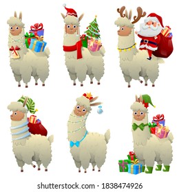 Llama de Navidad. El personaje de la Alpaca tiene muchas cajas de regalo y santa. Feliz Navidad y feliz año nuevo con una linda alpaca usando disfraces navideños. Ilustración del vector