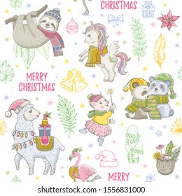 Christmas llama, sloth, unicorn panda, flamingo seamless pattern. Doodle cute animals, Christmas sketch background. Xmas isolated vector illustration. Wrapping paper, child packaging, kid fabric print