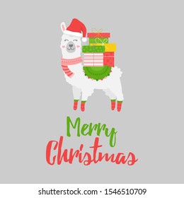 Christmas llama vector illustration, greeting card. Cute trendy festive seasonal xmas alpaca with writing Merry Christmas. Isolated graphic print cartoon character.