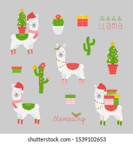 Christmas llama vector illustration set. Cute trendy festive seasonal xmas llama collection. Alpaca, cactus, writings and christmas tree. Isolated graphic print cartoon character.