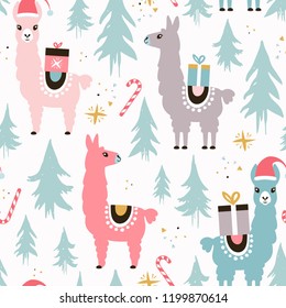 Christmas Llamas Seamless Pattern