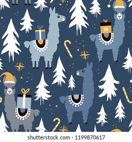 Christmas Llamas Seamless Pattern