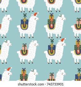 Christmas Llamas Seamless Pattern