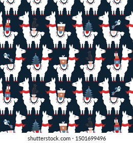 Christmas Llamas Seamless Pattern. Background for design and decoration textile, covers, package, wrapping paper