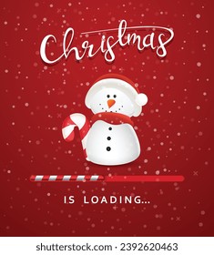 La Navidad está cargando el diseño de una pancarta con un lindo muñeco de nieve sosteniendo un bastón de caramelo. Ilustración vectorial.