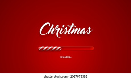 Christmas loading bar with candy cane, Xmas load or New Year countdown on vector red background. Winter holiday coming for Christmas greeting card or Xmas invitation and website download