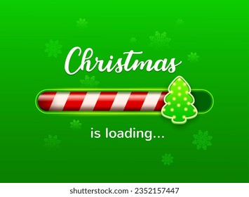 Christmas loading bar with candy cane and holiday pine tree slider. Vector Xmas or New Year load countdown on green background with snowflakes. Winter holidays coming soon greeting card or web design