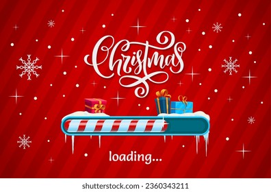 Christmas loading bar with candy cane slider, gifts on snow and lettering. Vector Xmas load countdown indication with sense of winter holiday anticipation on red background with falling snowflakes