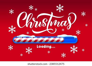 Christmas loading bar with candy cane slider, snowdrifts and falling snowflakes. Holiday vector Xmas or New Year load countdown on red background. Winter eve coming soon greeting card or web design