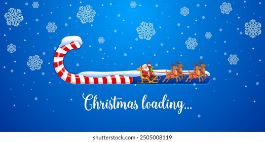 Christmas loading bar of candy cane and Santa on reindeer sleigh, vector background. Winter holiday countdown loading bar with stripes of candy cane with Santa sleigh, snowflakes and Christmas snow