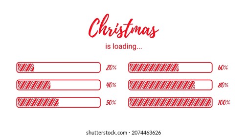 Christmas loading bar. Countdown with candy cane print progress. Funny Xmas download banner. Set of holiday count down graphs with percent. Vector illustration.