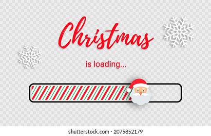 Christmas loading bar. Countdown with candy cane fill, Santa and snowflakes. Funny download banner. Xmas progress load. Holiday count down graph on transparent background. Vector illustration.