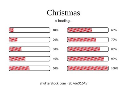 Christmas loading bar. Funny Xmas countdown with candy cane pattern progress. Holiday download banner. Vector illustration. Set of count down graphs with percent.