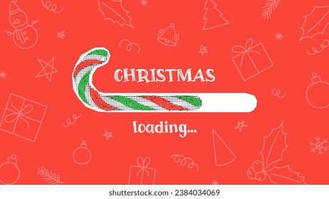 Christmas loading concept banner.  Vector illustration with striped red and green candy cane and lettering Christmas loading on red background. Christmas card.