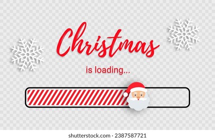 Christmas loading Countdown. Holiday loading bar with candy cane fill, Santa and snowflakes. Funny download banner. Xmas progress load on transparent background. Vector illustration.