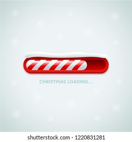 Christmas Loading. Red christmas candy cane style web progress bar on light background with snowflakes. Greeting card, web banner, landing page, brochure or poster template. Vector Illustration.
