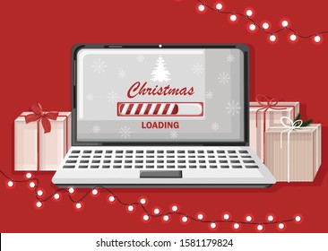 Christmas loading screen on computer. Red background with gifts and fairy lights