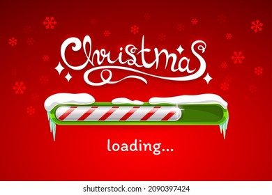 Christmas loading vector progress bar of Xmas candy cane covered with snow and icicles on red background with snowflakes. Realistic candy cane status bar of coming winter holidays, Christmas countdown