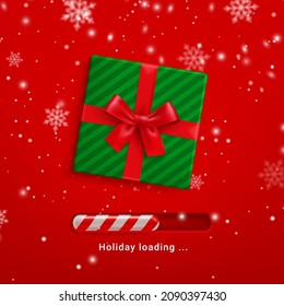 Christmas loading with vector snowflakes and gift box. Realistic Xmas candy cane progress bar with green present box and red ribbon on snowy background, countdown to Christmas holiday, Xmas status bar