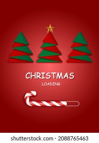Christmas Loading.Merry Christmas and Happy New Year greeting card. Realistic 3d Christmas tree with Candy Cane.Paper cut christmas elements decoration.Happy Holidays.