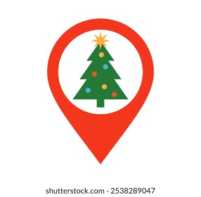 Ícone de local de Natal. Árvore de Natal e alfinete do mapa. Sinal de mercado no formato Xmas. Símbolo vermelho de Holiday place. Ilustração vetorial isolada sobre fundo branco.